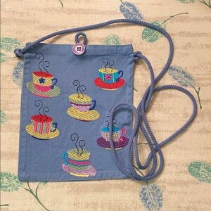 Blue Crossbody Bag with Colorful Teacup Embroidery